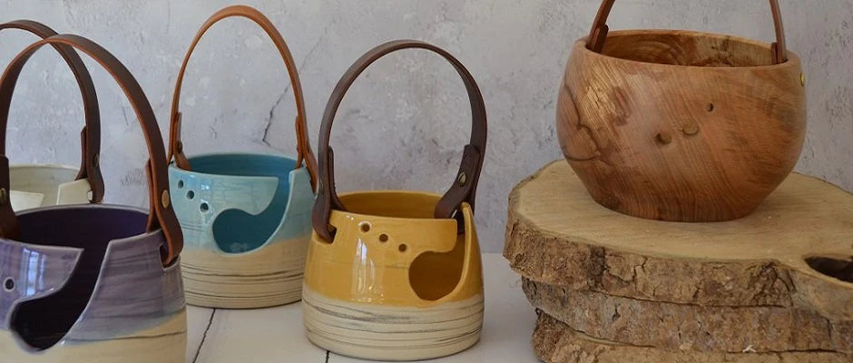 Yarn Store - Individually handmade ceramic yarn bowls and finished with a distinctive leather handles