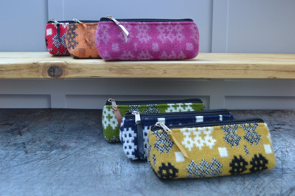 Welsh tapestry pencil cases in new wool with the Caernarfon portcullis patterns