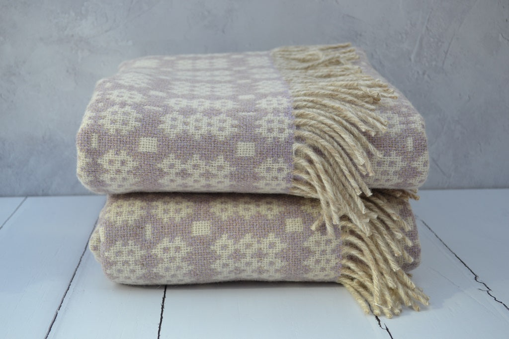 Welsh Blanket. Blaenffos is woven in a soft Periwinkle weft and a two-tone cream warp.