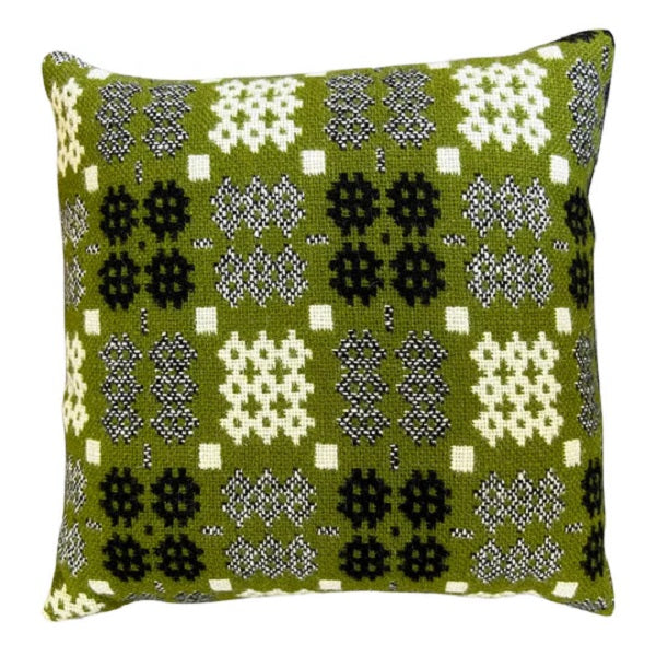 Welsh tapestry cushions - Afon Elan in moss green with the caernarfon portcullis pattern