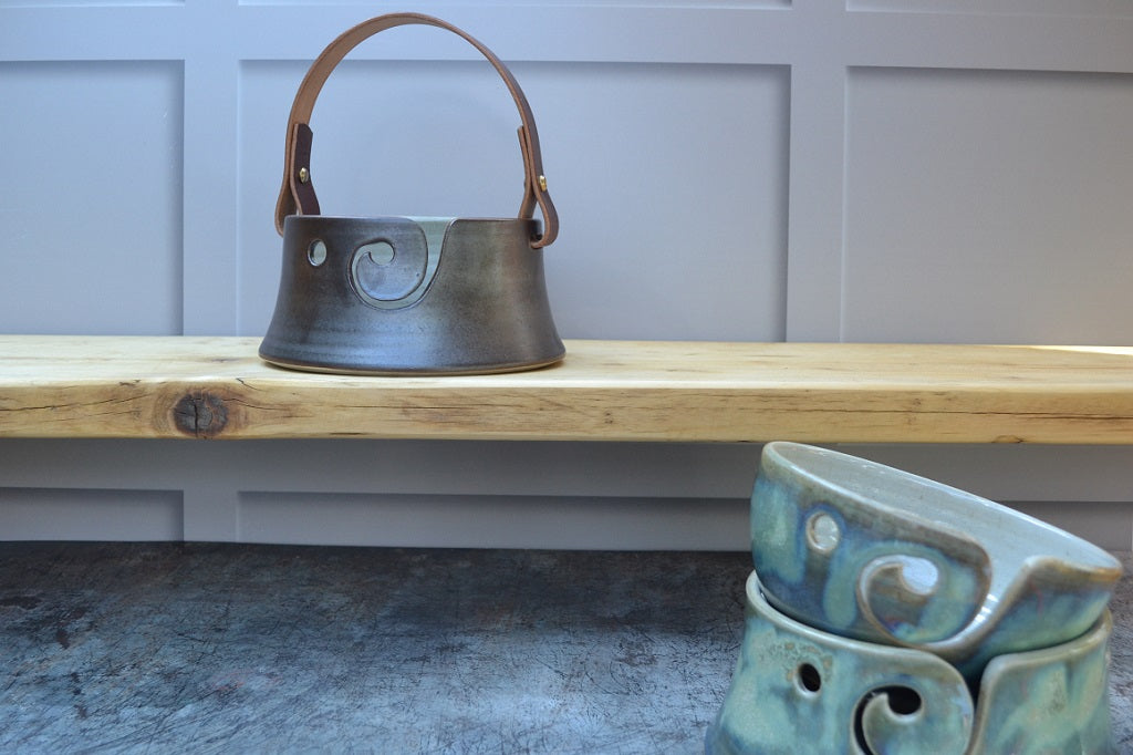 Stoneware pottery yarn bowls, flared base design. Walnut