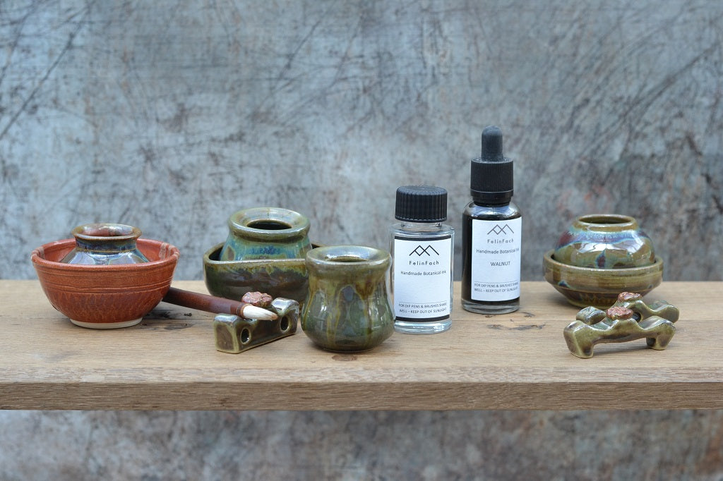 Paint and Scribe. Natural inks and water colours paints, handmade ink wells and water bowls, and other writing and painting accoutrements
