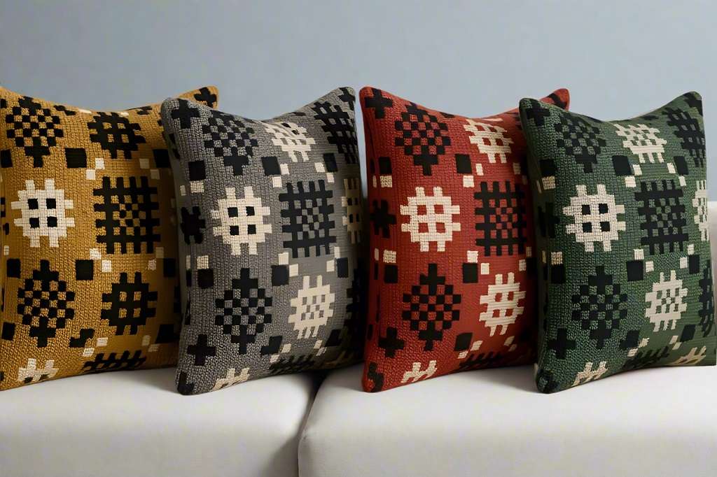 Welsh tapestry cushions. Tapestry cushions in the traditional Welsh Caernarfon portcullis patterns