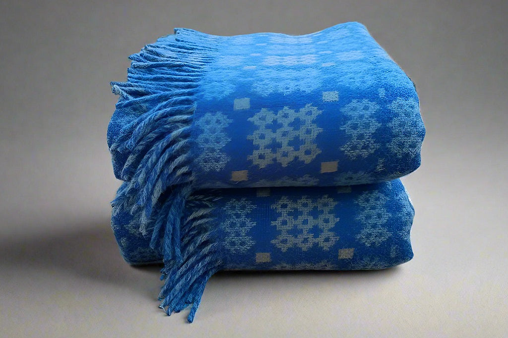 Welsh Blanket - St Davids in Cornflower Blue, Sky Blue and Silver Grey