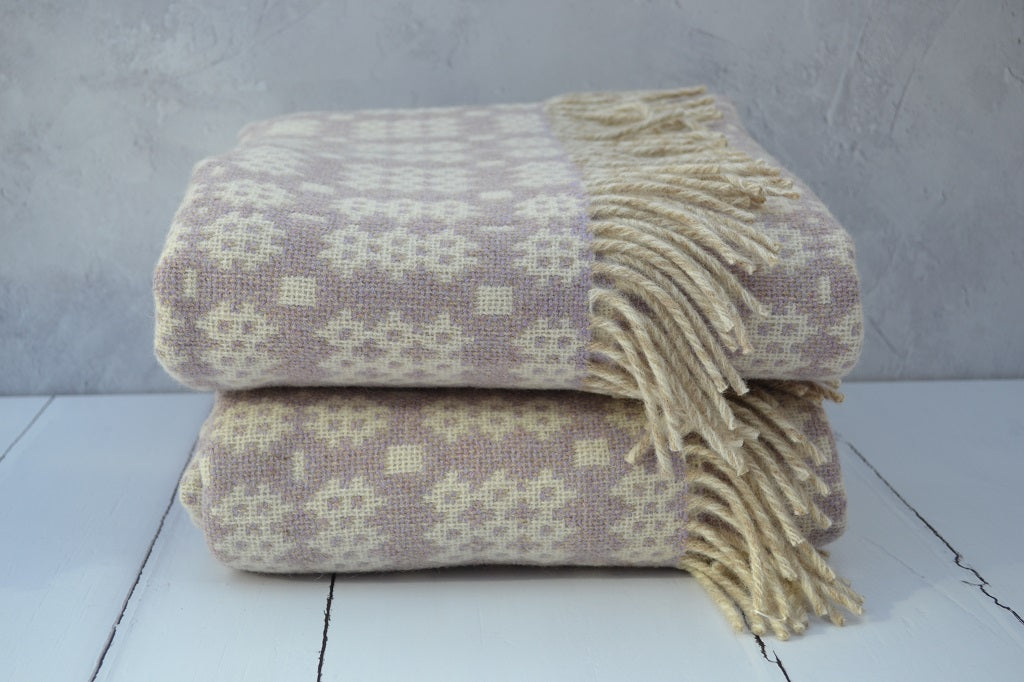 Welsh Blanket. Blaenffos is woven in a soft Periwinkle weft and a two-tone cream warp. 