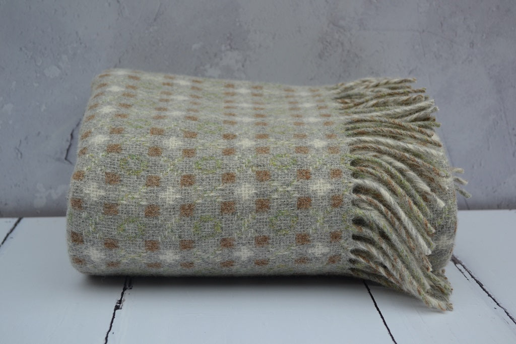 Welsh Blanket - Pen DInas, woven in Sage, Nutmeg and Silver Grey
