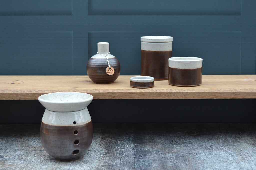 Stoneware pottery in Walnut glaze candles diffusers, wax melt burners and tealight holders