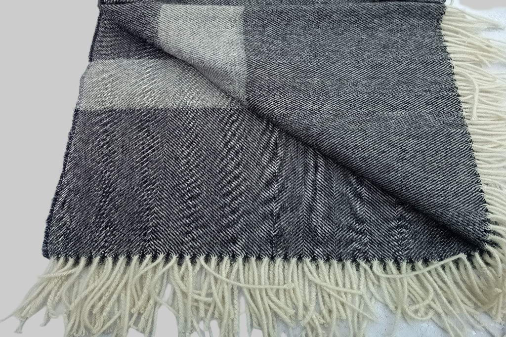 Welsh blanket, Pembroke. Grey herringbone colours with off white fringes