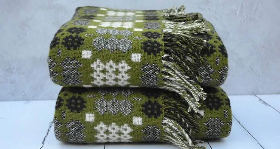 Welsh blanket, Afon Elan available on pre order, Moss green blanket in caernarfon portcullis pattern