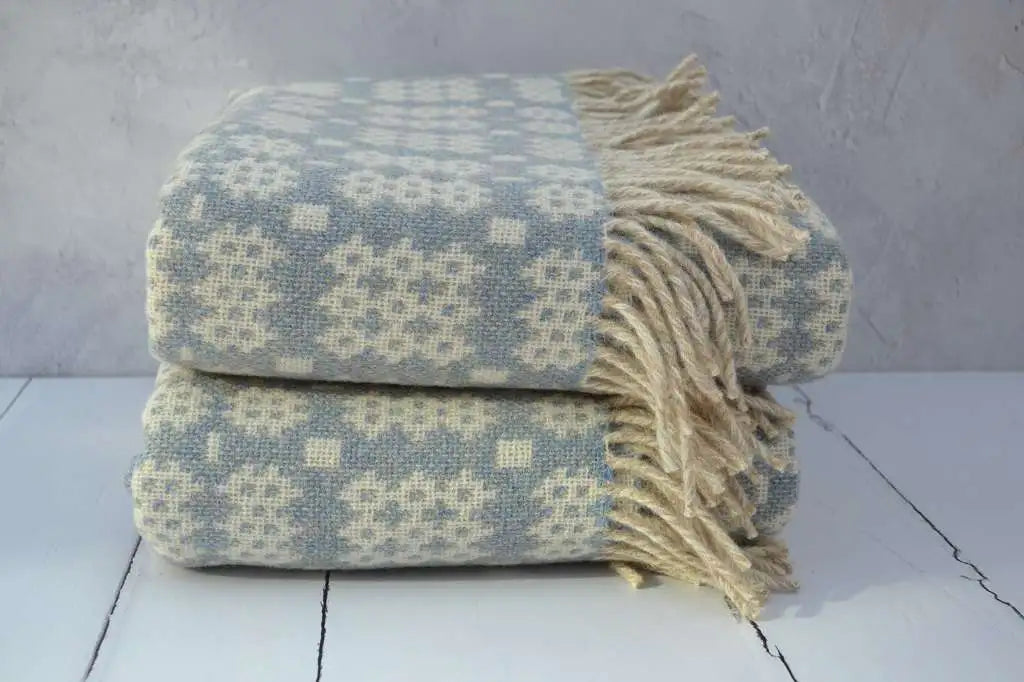 Welsh Blanket. Montgomery is woven in a soft Ice Blue weft and a two-tone cream warp. 