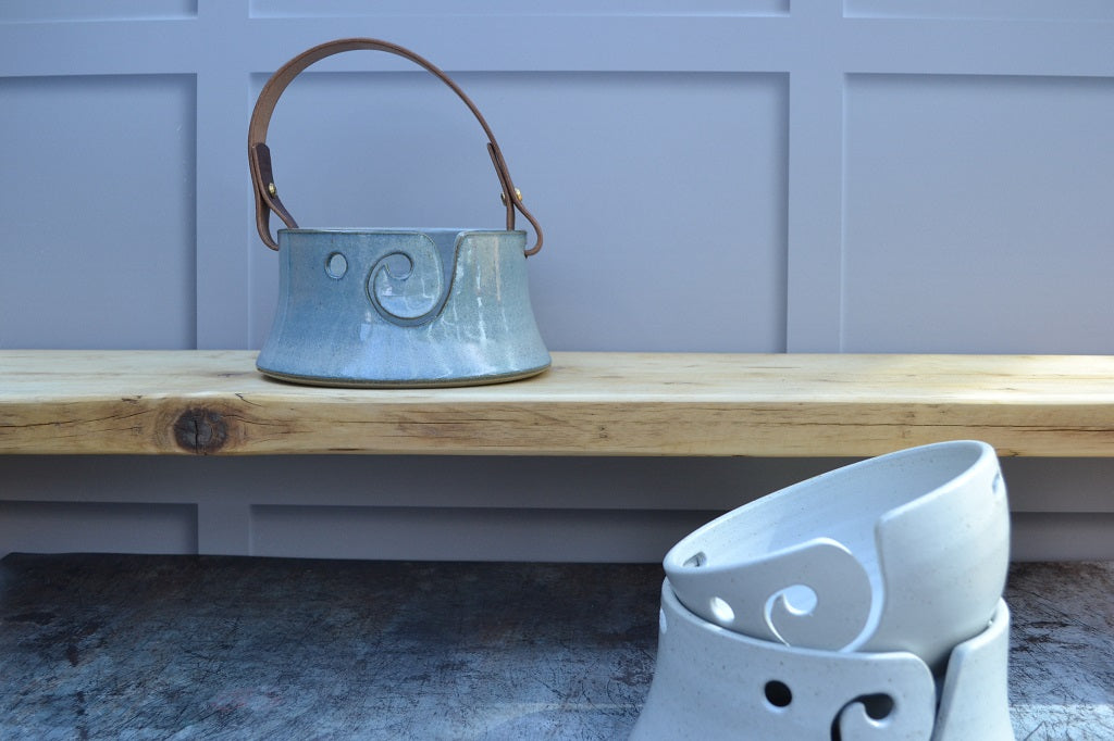 Stoneware pottery yarn bowls, flared base design. Blue.