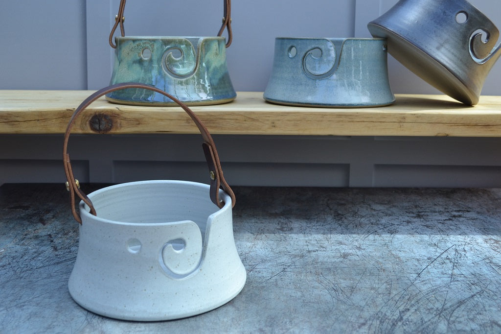 Stoneware pottery yarn bowls, flared base design. Mist.
