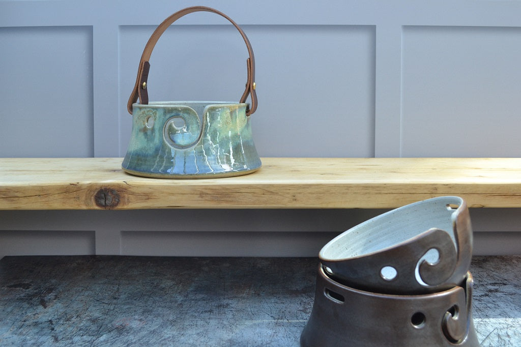 Stoneware pottery yarn bowls, flared base design.  Sea Green