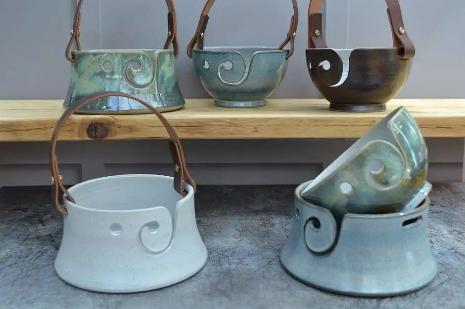 Unique handmade Stonware Pottery yarn bowls with leather handles. Yarn bowls UK.