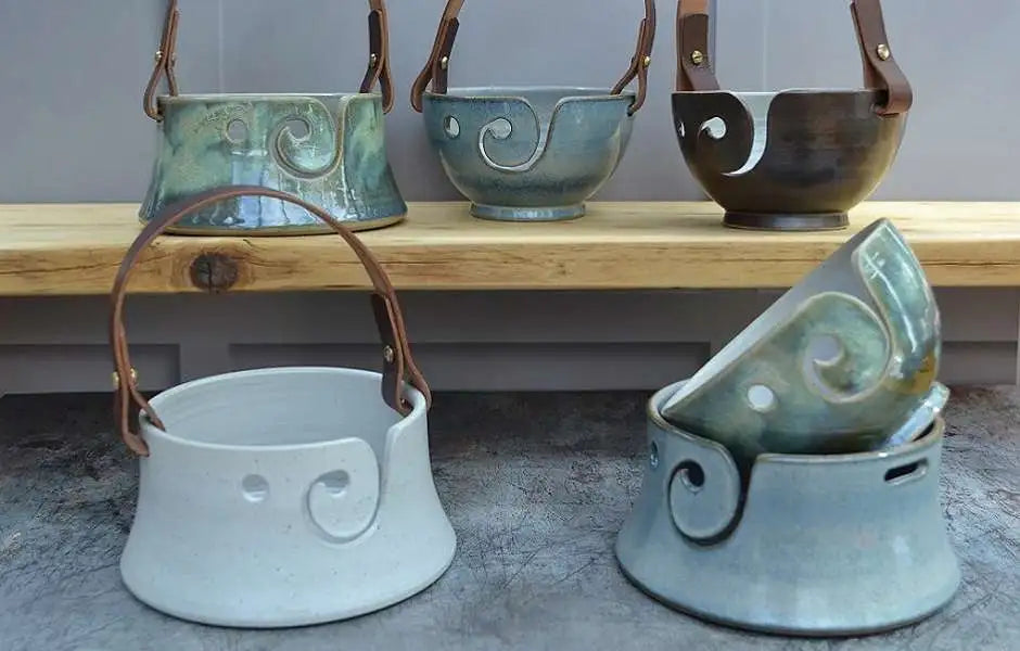 Stoneware handmade yarn bowls with leather handles