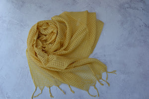 Handwoven scarves in cotton and silk blend hand dyed by FelinFach using Weld, Logwood, Cutch, Madder, Cochineal and Osage