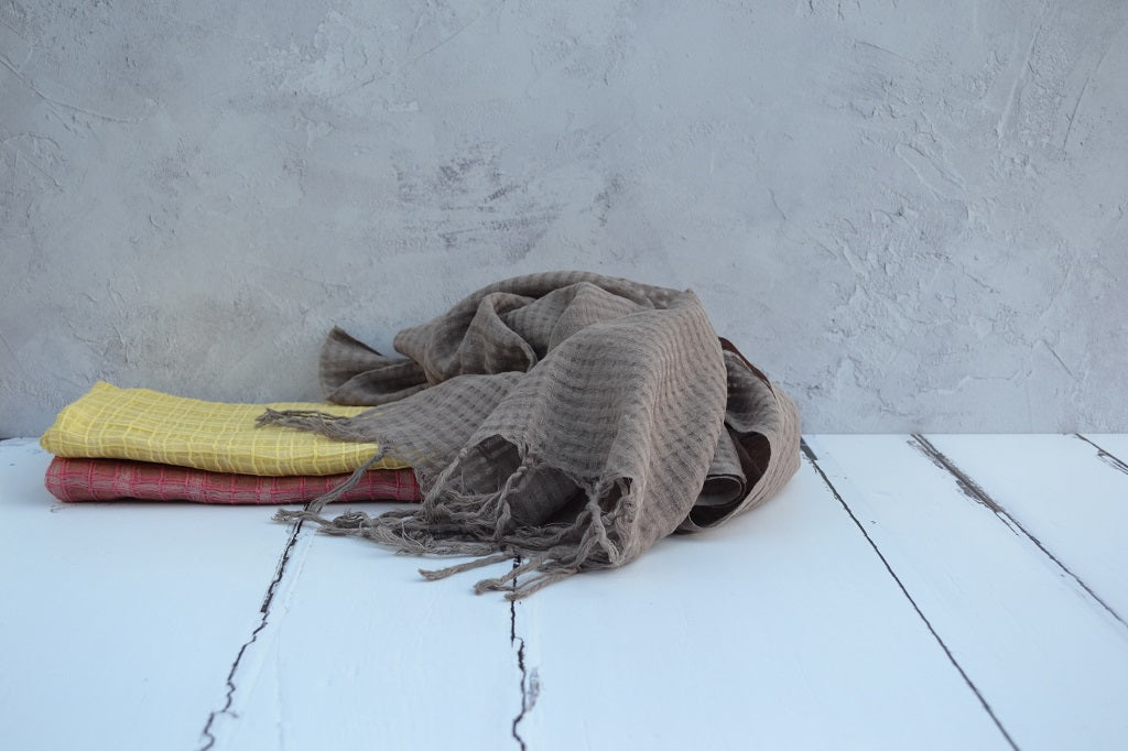 Handwoven scarves in a cotton and silk blend hand dyed by FelinFach using Weld, Logwood, Cutch, Madder, Cochineal and Osage