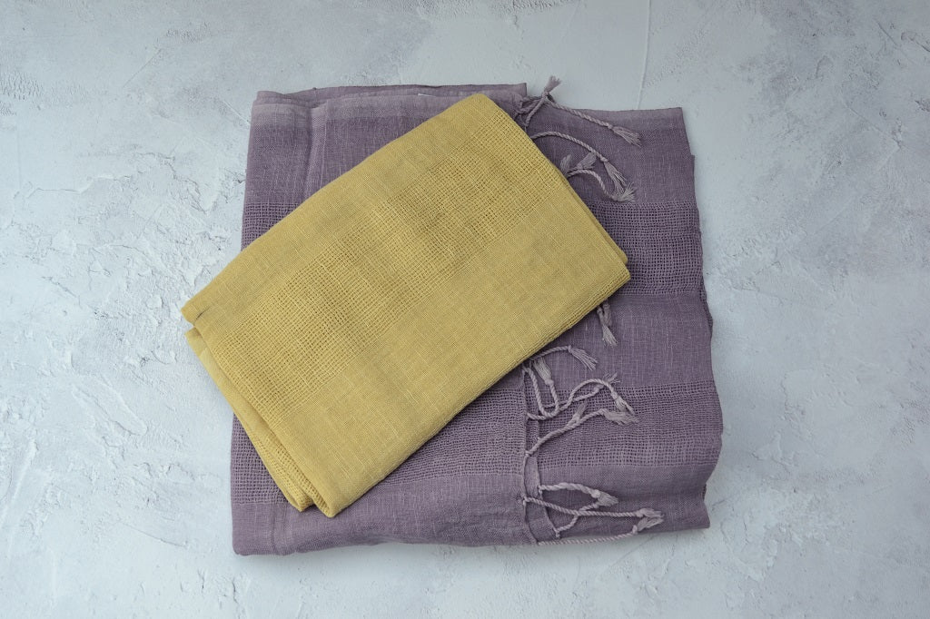 Handwoven Linen scarf woven in a self stripe design to create texture. Hand dyed using Logwood and Himalayan Rhubarb