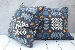 Welsh tapestry cushion Indigo, Sky Buttercup Yellow