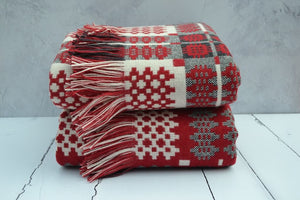 Welsh Tapestry Blanket - Draig Goch - Woven with Red, Cream and Slate Grey - reverse view