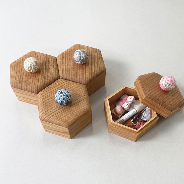 Cohana - Hexagonal Temari Box made with the wild cherry trees. Perfect for small sewing notions or other odds and ends, this elegant hexagonal box doubles as a sleek yet traditional piece of home décor.